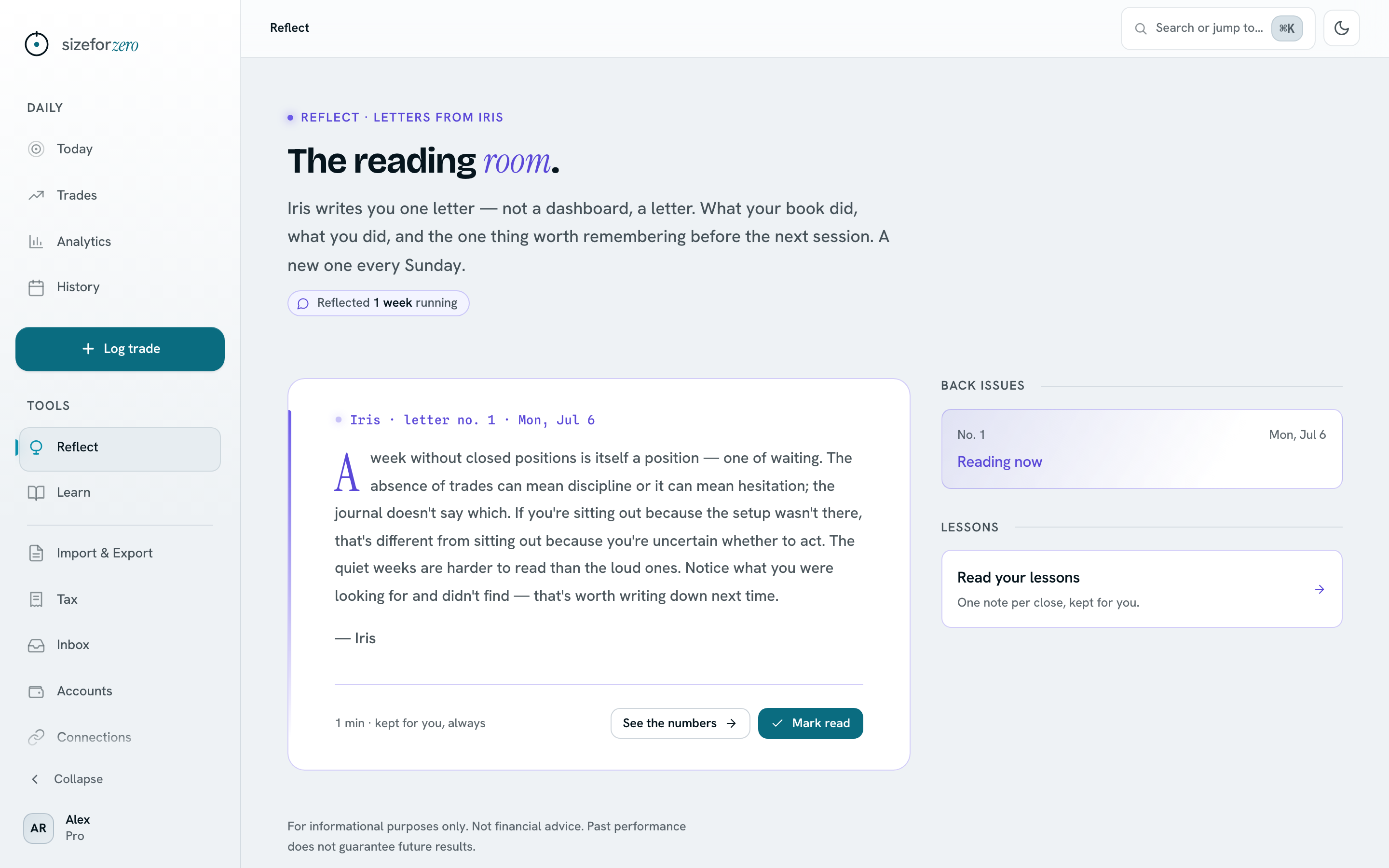 The Reflect page showing a sample AI letter reading a trader’s own notes back to them in plain prose.